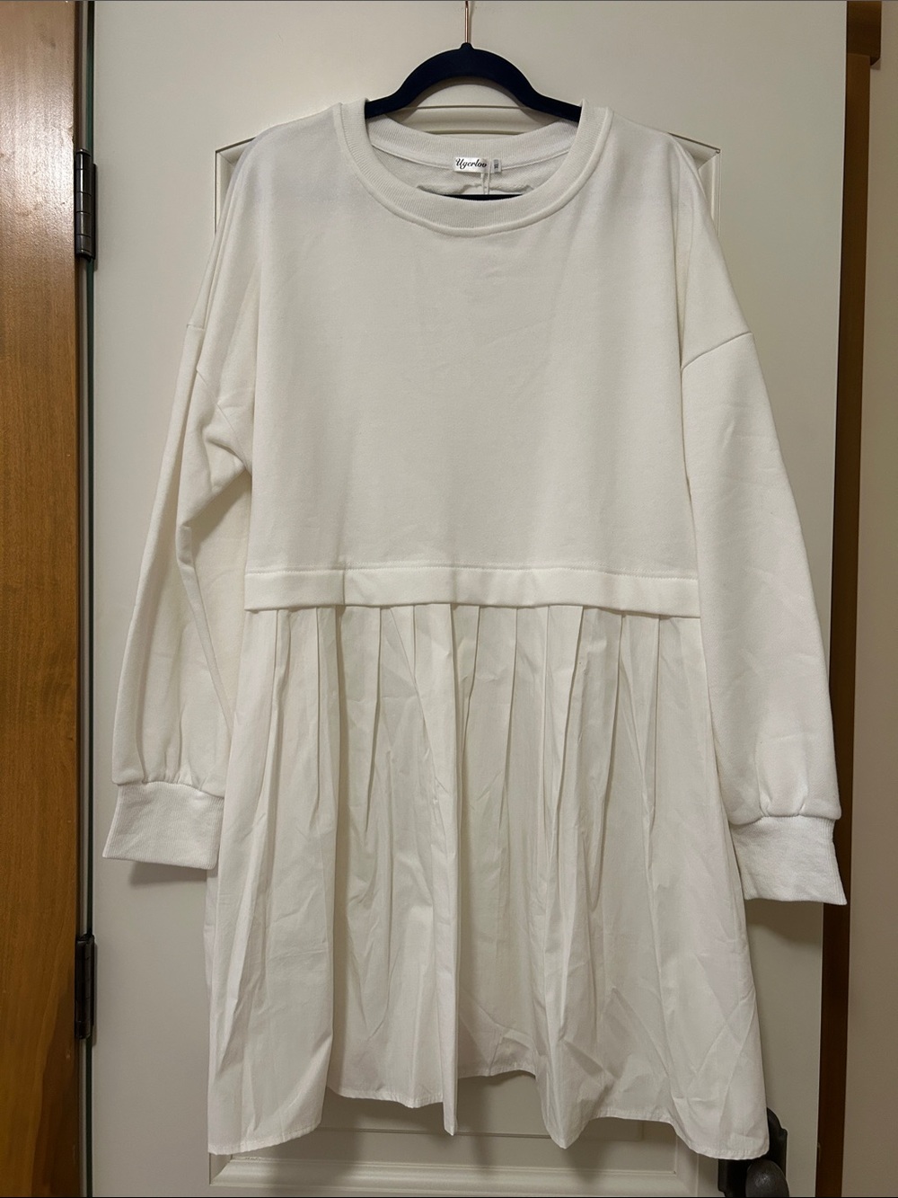 Women's Long Sleeve Pleated Waist White Dress. Sweatshirt on top Cotton bottom